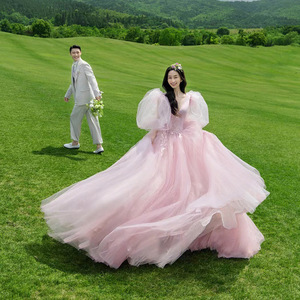 Pink Ball Gown Wedding Dress V Neck Empire Waist Tulle Long Sleeve For Outdoor Photography Studio Wear - Product Image 2