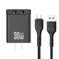 Chargeur mural double USB 30W avec câble Type C, prise US EU, chargeur rapide pour téléphone portable, charge rapide 30W, adaptateur secteur 2 USB