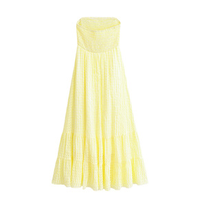 Vestido Maxi Amarillo Sin Tirantes con Estampado de Puntos, Vestido Casual de Verano con Corte en A, Transpirable, de Gasa Tejida con Dobladillo en Capas - Product Image 6