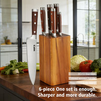 Ensemble de 6 couteaux de cuisine de boucher en acier inoxydable de qualité avec manche en plastique, bloc en bois, ambidextres, à lame festonnée