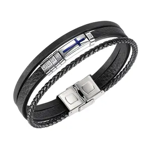 2023 Yunse New Custom Engraved Logo Men Christian Jewellery Cross Leather Bracelet With Stainless Steel Adjustable Buckle