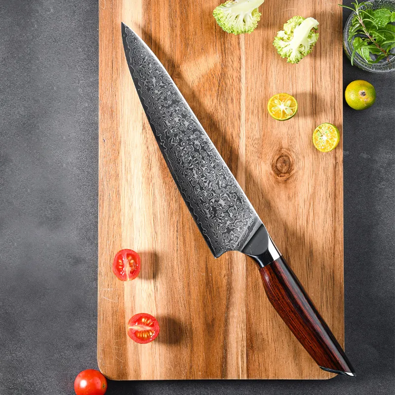 Pisau koki dapur baja Damaskus Jepang profesional pisau koki 8 inci dengan pegangan kayu mawar