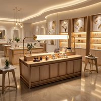 Meubles de présentation pour cosmétiques commerciaux, comptoir de présentation de maquillage en bois grainé avec luminaire personnalisé