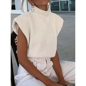Drop Shoulder Ribbed <b>Mock</b> <b>Neck</b> Knit Vest Beige S Women's <b>Top</b> - Product Image 1