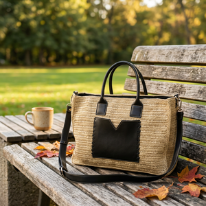Lady Fashion Bohemian Style Genuine Leather Tote <b>Bag</b> with Black Leather Detail Zipper Closure Cotton Lining MG for <b>Summer</b> - Product Image 3
