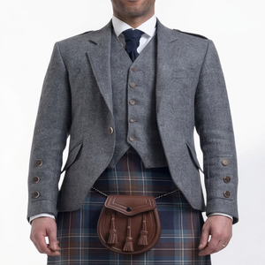 Veste écossaise Argyll pour homme, ensemble 3 pièces en tweed gris, gilet, col montant, simple boutonnage, 100% laine, patchwork - Product Image 1
