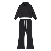 Ensemble deux pièces automne : sweat à capuche ample et pantalon de survêtement évasé, 100 % coton respirant, couleur unie, qualité supérieure, personnalisable
