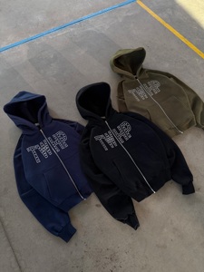 Sweat à capuche entièrement zippé personnalisé, épais, avec imprimé TWHP clouté, olive, noir, marine, 100% coton French Terry, fabricant de streetwear - Product Image 2