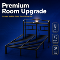 Lit plateforme moderne en métal noir taille Queen avec projecteur d'étoiles LED, tête de lit avec chargeur USB et télécommande