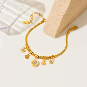 Roman Numeral Disc CZ Charm 2Pcs Gold Plated <b>Titanium</b> Steel Snake <b>Chain</b> Beaded Dainty Jewelry Sets For Women Designer Luxury - Product Image 4