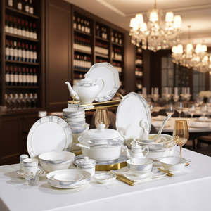 50-Piece Durable Luxury Bone China <b>Dinnerware</b> Set with Scenic Pattern Gold Trim Dishwasher Safe Includes Utensils for 8 People - Product Image 1