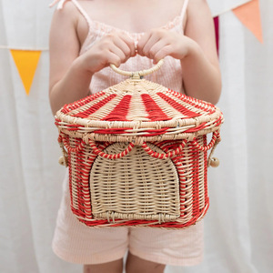 Rattan Storage <b>Basket</b> Set With Lid Circle Shape For Toy Snack Organizer Small And <b>Large</b> Size - Product Image 2