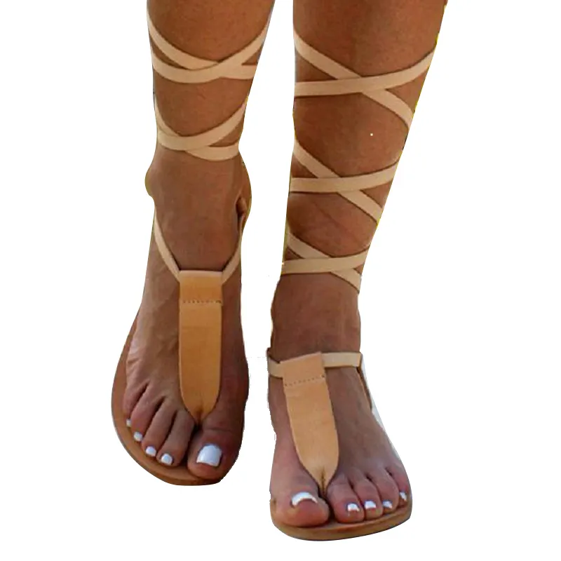 Bairuilun Summer Women Sandals Roman Gladiator Bandage Sandals Knee Flats Slides Fashion Women Shoes Girls Beach Shoes Plus Size
