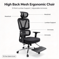 Chaise de bureau ergonomique à dossier haut en maille avec appui-tête réglable, soutien lombaire, accoudoirs, hauteur réglable, pivotante, repose-pieds pour bureau à domicile