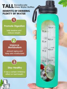 Bouteille d'eau en verre borosilicate de 1000 ml avec manchon en silicone, sans BPA, à large ouverture, étanche, compatible lave-vaisselle, sans danger pour les aliments, réutilisable, pour le sport - Product Image 4