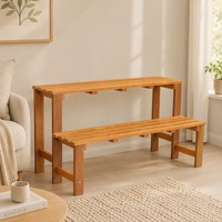 Support à plantes d'extérieur en bois à 2 niveaux, finition huile de teck naturel brun clair, banc à plantes en bois à 2 niveaux pour jardinières