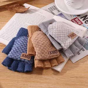 LIANSHOU Factory In Stock Men Winter Touch Screen Half-Finger Gloves & Mittens With Flip Knit Cover & Water Wave Strip Style