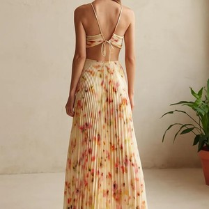 Vestido Maxi Boho Elegante sin Tirantes con Estampado Floral, Cintura Alta, Plisado, Fluido, de Gasa Suave, para Vacaciones, con Hombros Descubiertos, Largo - Product Image 4