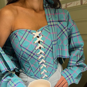 Nuovo arrivo alla moda primavera 2025 donna abbigliamento due pezzi in cotone Plaid a fascia di cotone <span class=keywords><strong>corsetto</strong></span> Crop Shirt e tubo Top Set - Product Image 1