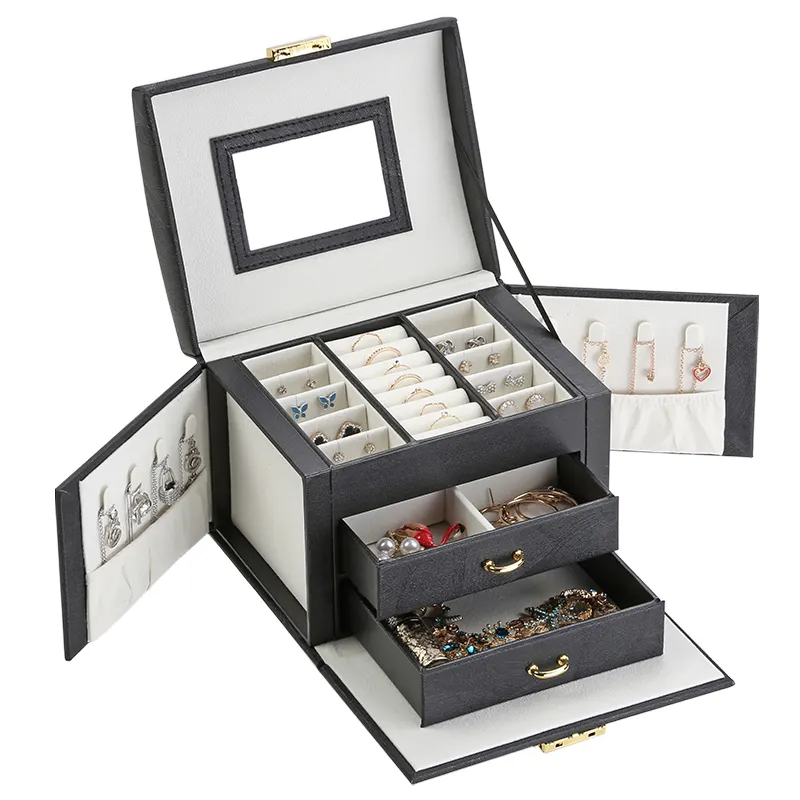 Custom Logo Luxury Large PU Leather Jewelry Box Organizer with Mirror Drawer Lady Velvet Black Jewellery Storage Gift Case