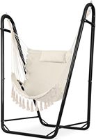 Support de chaise hamac en métal durable en forme de U, style bohème, avec appui-tête à pompons et poches latérales pour usage extérieur