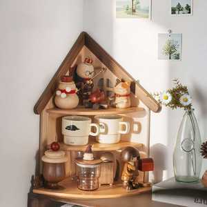 Small House Shaped Corner <b>Shelf</b> 3 Tier Solid Wood Storage <b>Rack</b> For Figurines And Dolls Display Stand - Product Image 1