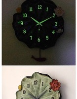 Grande Horloge Murale en Résine Décorative de Luxe pour la Maison, 14 Pouces, Motif Feuille de Lotus Pastorale, Silencieuse, Écologique, Septime, pour Salon