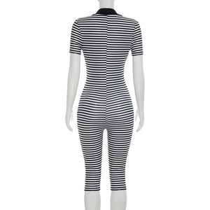 Viviblook D26JP197 Combinaison décontractée d'été pour femme, imprimé rayé, col rabattu, manches courtes, combinaison une pièce - Product Image 6