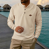 Chemise Henley pour homme en tissu gaufré uni, polyester, manches longues, coupe décontractée, lavable en machine, idéale pour l'automne et l'hiver