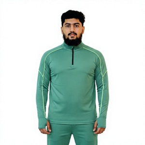 Haut de sport pour homme vert marine à demi-zip et manches longues avec surpiqûres contrastées, séchage rapide, performance optimale, coupe classique, toutes saisons - Product Image 1