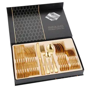 Schlussverkauf 24-teiliges Luxus-Gold-Silberwaren-Schneideset  tragbarer Edelstahl-Löffel, Gabeln und Messer mit Schachtel