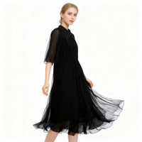 Nouvelle Robe Longue Décontractée Ample en Chiffon de Rayonne Grande Taille 2026 pour Femme avec Col Perlé Fait Main et Manches Mi-Longues