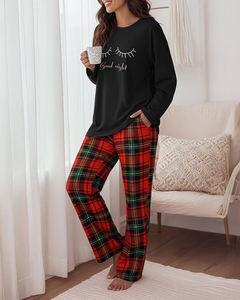 Pigiama da donna <span class=keywords><strong>a</strong></span> quadri con stampa 'Good Night', top <span class=keywords><strong>a</strong></span> maniche lunghe e pantaloni <span class=keywords><strong>a</strong></span> gamba larga, abbigliamento casual da <span class=keywords><strong>notte</strong></span> in morbido poliestere ed elastan, all'ingrosso - Product Image 4