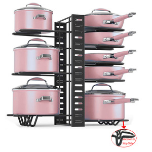 Pot and Pan Organizer for Cabinet, Adjustable 8 Non-Slip Tiers Pot Rack Organizer with 3 DIY Methods, Kitchen Under Cabinet Orga