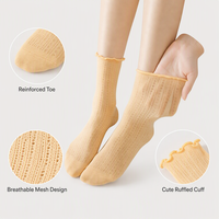 Chaussettes respirantes en maille à volants pour femmes, en coton doux couleur bonbon, mi-mollet, avec bord élastique, légères pour un usage quotidien