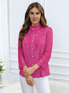 Joyinspring 2026 Nouvelle Collection Printemps/Été – Blouse Décontractée Grande Taille en Chiffon Brodé Uni avec Dentelle et Col Rond à Manches Longues pour Femme – En Stock - Product Image 3