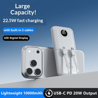 Batterie externe portable haut de gamme 10000 mAh avec câbles intégrés, chargeur rapide USB-C PD 22,5 W, affichage numérique fin, banque d'alimentation filaire