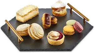 Pizarra negra natural personalizada, plato de piedra para queso, bandeja de servicio de carne de fruta con asas de acero inoxidable de <span class=keywords><strong>oro</strong></span> cepillado - Product Image 2