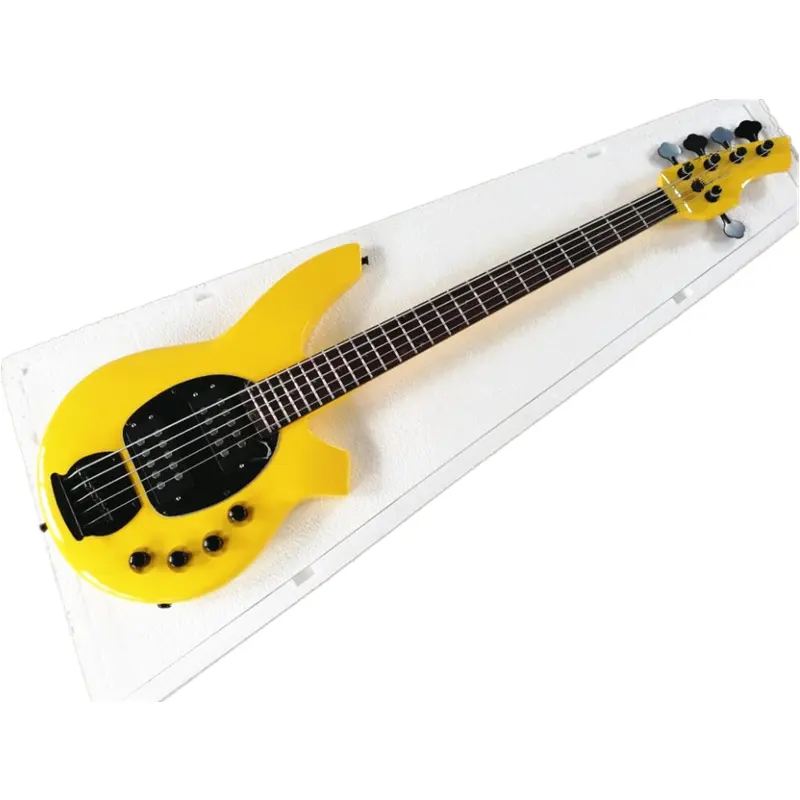 Yellow body 5strings Electric Bass Guitar , Rosewood Fingerboard ,Black Hardware and pickguard ,Provide customized service