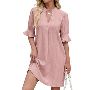 Robes Ohsisa pour le printemps et l'été, couleur unie, col en V, ample, plissée, à cinq manches, t-shirt décontracté pour femmes - Product Image 6