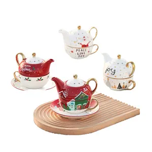 Teapot Set Hot Selling Christmas Ceramic Tea Set One Pot One Cup Feature Gold-Plated Cute Design Porcelain Mugs and Plate Gift