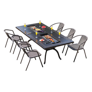 Outdoor Cast <b>Aluminum</b> BBQ <b>Table</b> Set 6 Seater Garden Furniture Modern Courtyard Patio Grill Weather Resistant - Product Image 1