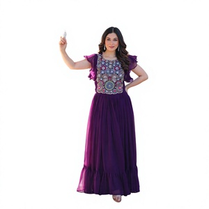 Vestido Maxi Anarkali de Georgette Morado de Moda, Ropa Étnica Tradicional India, Kurti Largo Elegante con Mangas con Volantes y Bordado Intenso - Product Image 1