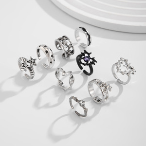 9 pièces/ensemble Punk Harajuku métal anneaux ouverts pour hommes femmes épines amour coeur étoile Zircon réglable bague ensemble bijoux (RG317) - Product Image 5