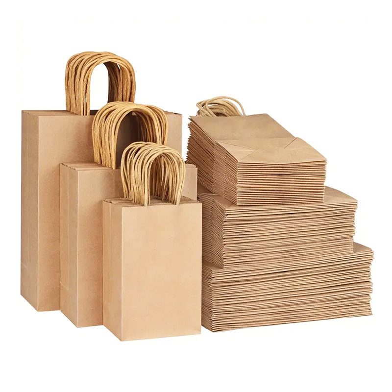 100% Recycled Custom Printed Brown Kraft Paper Shopping Bag With Handle Food Delivery Takeaway Paper Bag
