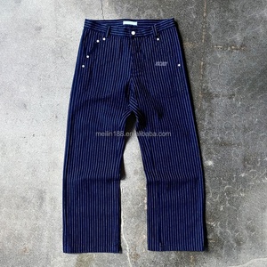 Pantalon en jean bleu ample à rayures fines 12 oz de haute qualité, style streetwear, sur mesure par le fabricant, pour hommes - Product Image 1