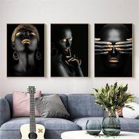 Affiche Femme Africaine Or Noir, Huile sur Toile, Imperméable, HD, PVC, Décoration Murale Moderne, Impression sur Toile, Portrait Figuratif, Peinture Abstraite
