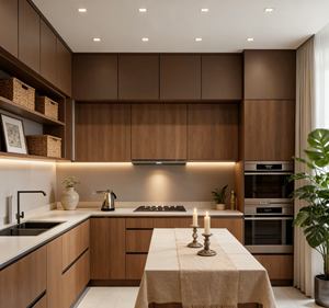 BALOM Customized High-End Walnut Wood Modular Kitchen Cabinets Frameless Design Soft-Closing <b>Drawers</b> Integrated Lighting - Product Image 4