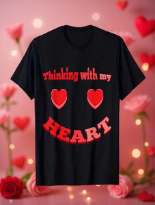 T-Shirt 'Thinking With My Heart' per San Valentino, Vestibilità Ampia da Uomo, Manica Corta Casual, Stampa Cuore Rosso, 100% Cotone Jersey, Logo Frontale - Product Image 2