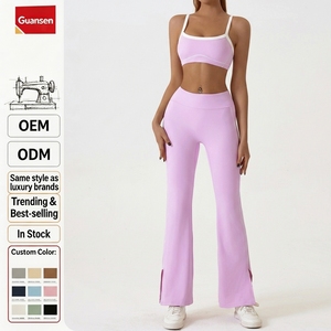 Ensemble de yoga sportif 2 pièces pour femmes, soutien-gorge contrasté et pantalon évasé, respirant, en élasthanne/nylon - Product Image 1